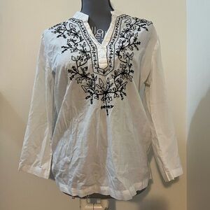 Embroidered White Top with Black Floral Design